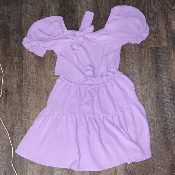 SHEIN Swiss dot tie back puff sleeve ruffle hem dress - Picture 2 of 7